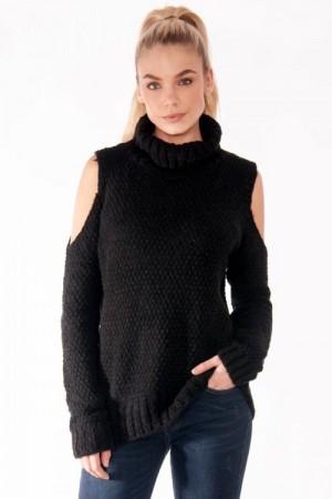 Tina Black Cold Shoulder Knitted Jumper
