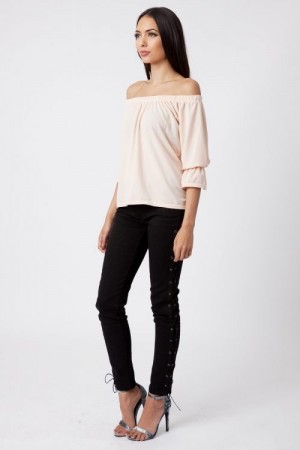 Mia Nude Off The Shoulder Bell Sleeve Top